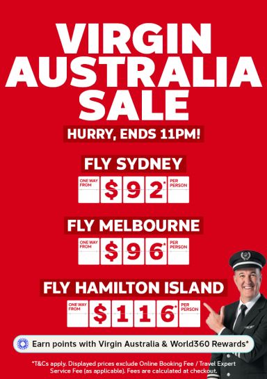Virgin Australia sale featuring one way flights to Sydney from $92, one way flights to Melbourne from $96 and one way flights to Hamilton Island from $116