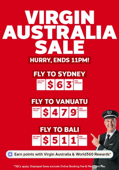 Virgin Australia sale featuring one way flights to Sydney from $63, return flights to Vanuatu from $479, and return flights to Bali from $511