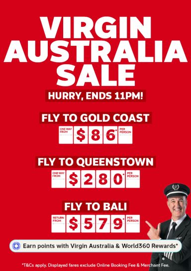 Virgin Australia sale - hurry, ends 11pm! | One way flights to the Gold Coast from $86, one way flights to Queenstown from $280 and return flights to Bali from $579