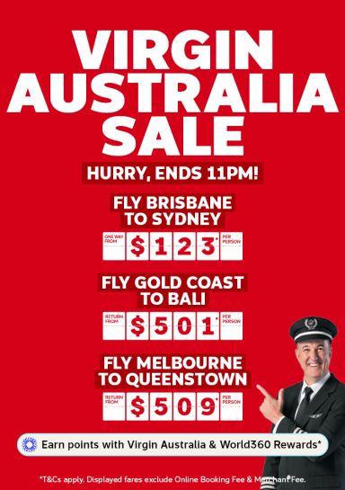 Virgin Australia sale featuring Brisbane to Sydney from $123 Gold Coast to Bali from $501 and Melbourne to Queenstown from $509 - ends at 11pm