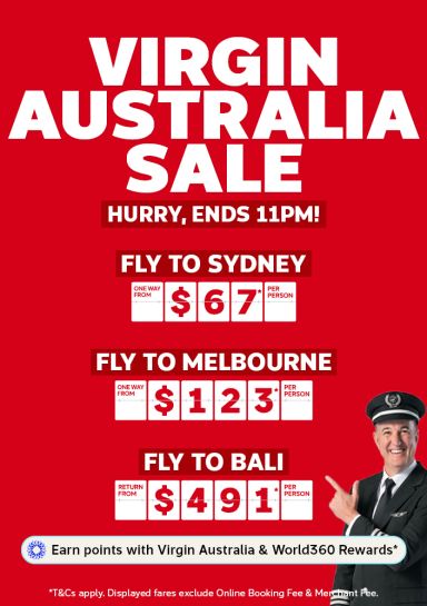 Virgin Australia sale ending tonight with one way fares to Sydney from $67 Melbourne from $123 and return fares to Bali from $491 per person