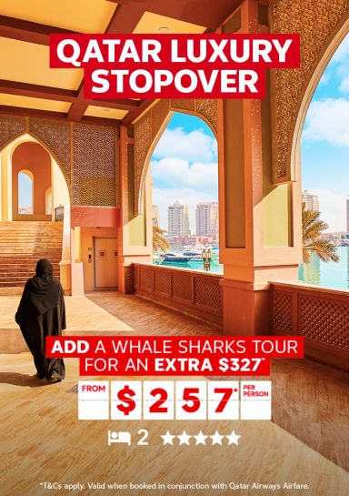 Qatar Luxury stopover - add a Whale Sharks tour for an extra $327* | from $257* per person | *T&Cs apply. Valid when booked in conjunction with Qatar Airways Airfare.