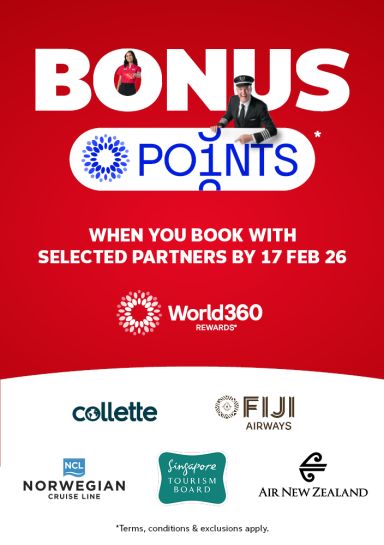 Bonus points* when you book with selected partners by 17 Feb 26 | World360 rewards | Collette, Fiji Airways, Norwegian Cruise Line, Singapore Tourism Board, Air New Zealand - *Terms, conditions & exclusions apply