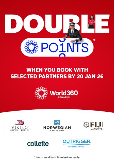 Double points* when you book with selected partners by 20 Jan 26 | Viking Cruises, Norwegian Cruise Line, Fiji Airways, Collette, Outrigger Resorts & Hotels | *Terms, conditions & exclusions apply.
