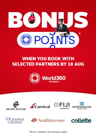 World360 Rewards bonus points offer with Air New Zealand Carnival Fiji Airways Norwegian Oceania AmaWaterways and Collette by 18 August
