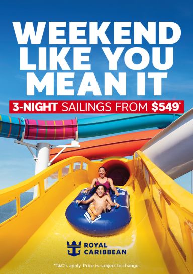 Weekend like you mean it | 3-night sailings from $549* | Two people cheering on a yellow water slide on a cruise ship