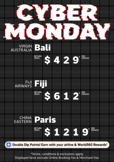Cyber Monday. Virgin Australia Bali return from $429* per person, Fiji Airways Fiji return from $612* per person, China Eastern Paris return from $1219* per person