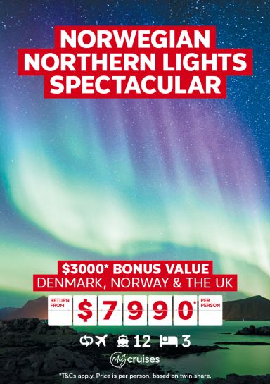 norwegian northern lights spectacular $3000 bonus value denmark, norway and the uk, return from $7990 per person