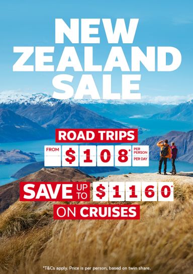 Couple standing at the top of a mountain looking out at a wide river in New Zealand featuring Road Trips from $108 per day and savings of up to $1160 on cruises