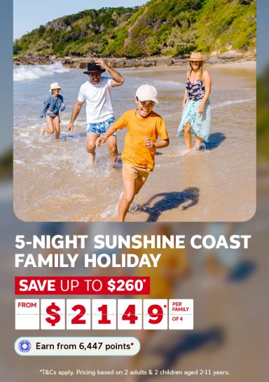 Family splashing and running through the waves on a Sunshine Coast beach for a 5-night family holiday saving up to $260 from $2149 per family of 4
