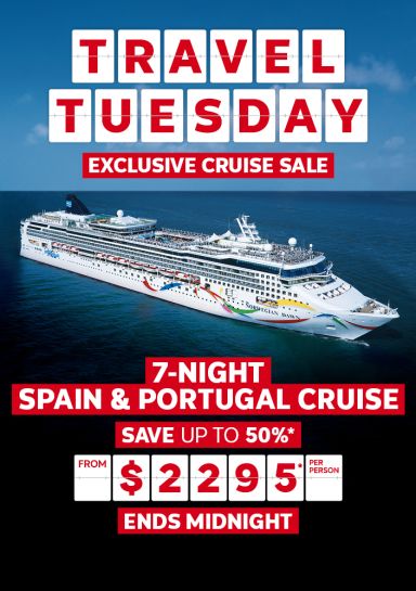 Travel Tuesday. Exclusive cruise sale. 7-night Spain & Portugal cruise. Save up to 50%* from $2295* per person