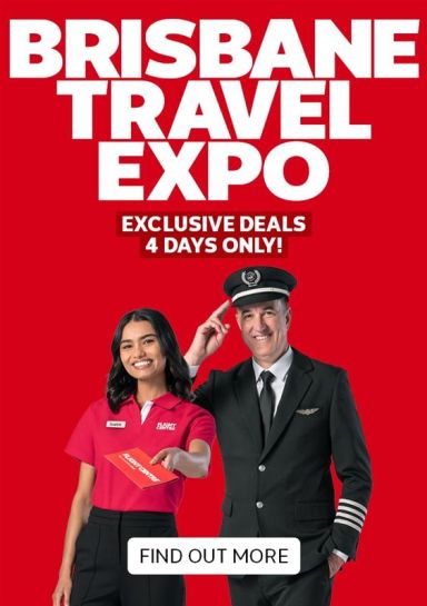 Brisbane Travel Expo - exclusive deals. 4 days only! | Find out more | Flight Centre Captain & Co-Captain on a red background
