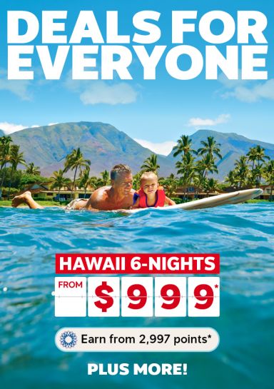 Deals for everyone - Hawaii 6-nights from $999* Earn from 2,997 points* PLUS MORE! | Father & son on a surfboard