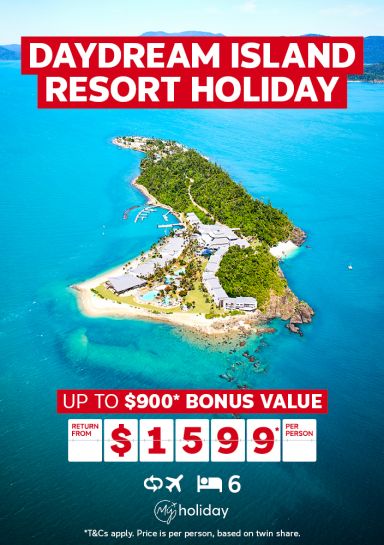 Daydream Island resort holiday | up ot $900* bonus value - return from $1,599* per person | *T&Cs apply. Price is per person, based on twin share | Daydream island on a sunny day