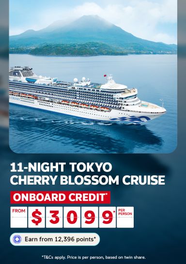 11-night Tokyo cherry blossom cruise | onboard credit* - from $3,099* per person | Earn from 12,396 points* | *T&Cs apply. Price is per person, based on twin share. | Cruise ship at sea with Mount Fuji in the background