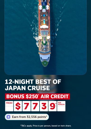 12-night best of Japan cruise | bonus $250* air credit. From $7,739* per person | Earn from 32,556 points* | *T&Cs apple. Price is per person, based on twin share. | Top down view of a Celebrity Cruise ship
