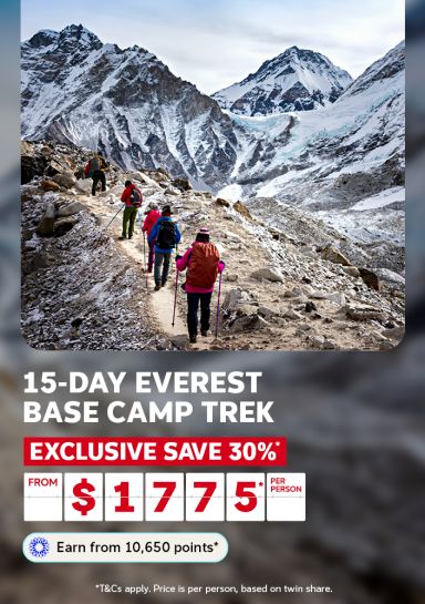 Trekkers hiking toward snow-capped Himalayan peaks for a 15-day Everest Base Camp Trek with an exclusive 30% saving from $1775 per person