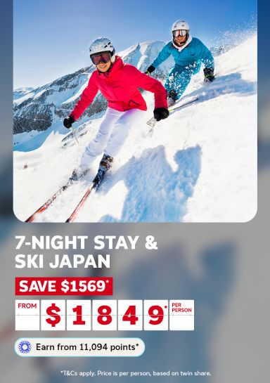 7-night stay & ski Japan | save $1569* - from $1849* per person | Earn from 11,094 points* | *T&Cs apply. Price is per person, based on twin share. | Couple skiing