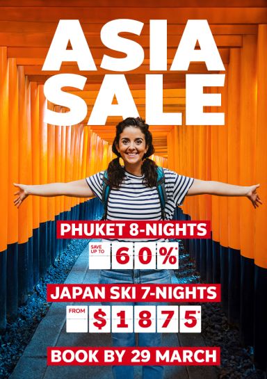 Asia sale | Phuket 8-nights. Save up to 60%* | Japan ski 7-nights. From $1,875* Book by 29 March | Woman posing in a tunnel of Torii gates