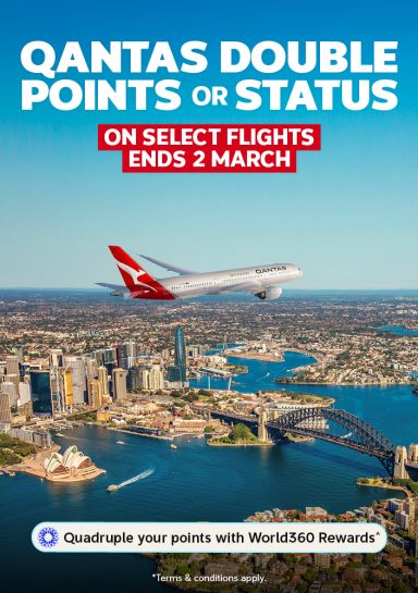 Qantas Double points or status on select flights | ends 2 March | Quadruple your points with World360 Rewards^ ^Terms & Conditions apply. | Qantas plane flying over Sydney