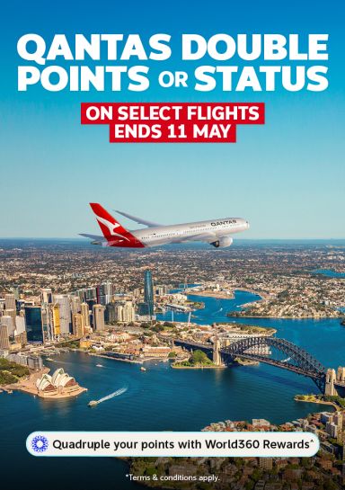 Qantas Double points or status on select flights | ends 11 May | Quadruple your points with World360 Rewards^ ^Terms & Conditions apply. | Qantas plane flying over Sydney