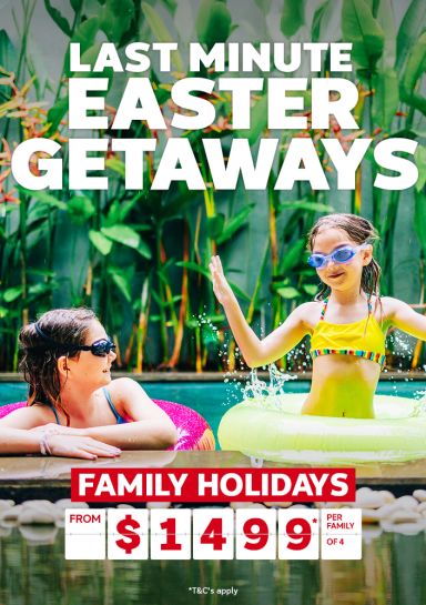 Last minute Easter getaways - family holidays from $1,499* per family of 4 | Two children playing in a pool