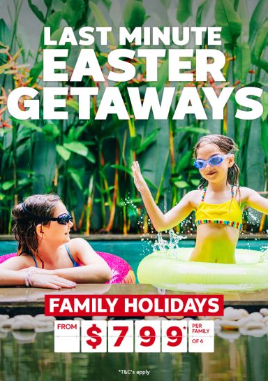 Last minute Easter getaways - family holidays from $799* per family of 4 | Two children playing in a pool