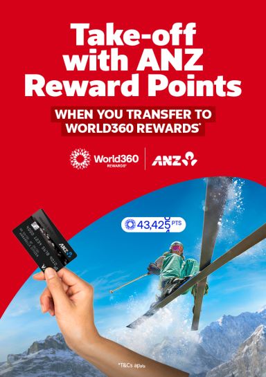 Skier jumping and a hand holding an ANZ bank card featuring take-off with ANZ reward points when you transfer to World360 rewards