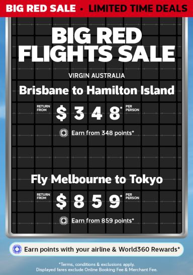 Big Red Flights Sale featuring Virgin Australia Brisbane to Hamilton Island from $348 and Melbourne to Tokyo from $859 per person return