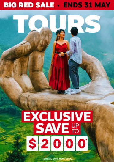 Big Red Sale - ends 31 May | Tours - exclusive save up to $2000* | *Terms & conditions apply | couple standing on a giant hand