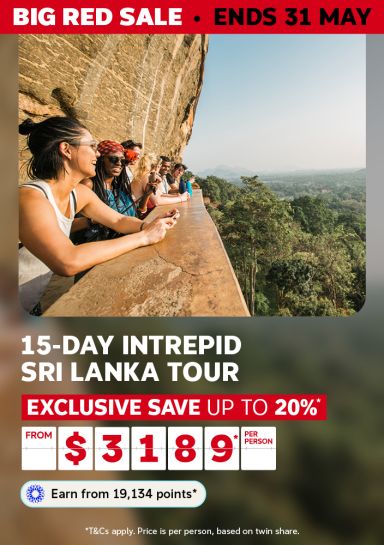 Travellers leaning over an ancient rock fortress ledge overlooking lush Sri Lanka jungle for a Big Red Sale 15-day Intrepid tour from $3189 per person