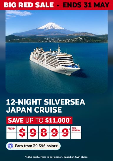 Silversea cruise ship on blue water beneath snow-capped Mount Fuji for a Big Red Sale 12-night Japan cruise saving up to $11000 from $9899 per person