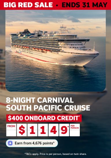Carnival Encounter cruise ship sailing the open ocean at dusk for an 8-night South Pacific cruise with $400 onboard credit from $1149 per person