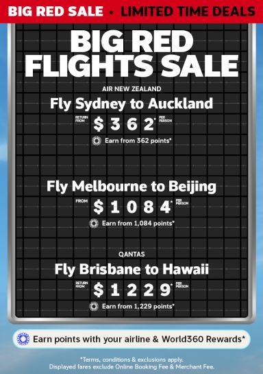 Flight departure board showing Big Red Flights Sale fares including Sydney to Auckland from $362 Melbourne to Beijing from $1084 and Brisbane to Hawaii from $1229 per person