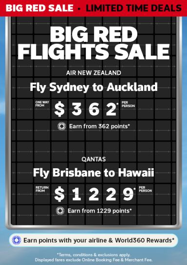 Departure board listing Big Red Sale flights with Air New Zealand Sydney to Auckland from $362 and Qantas Brisbane to Hawaii from $1229 per person