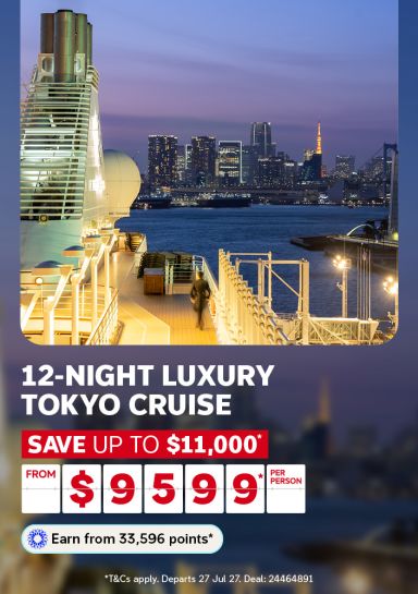 12-night Luxury Tokyo cruise | save up to $11,000* from 49,599* per person | Earn from 33,596 points* | *T&Cs apply. Departs 27 Jul 27. Deal: 24464891 | View of Tokyo Bay from the deck of a cruise ship