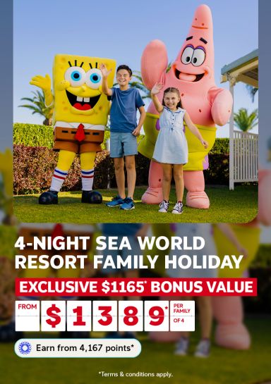 4-night Sea World Resort Family Holiday | exclusive $1,165* bonus value. From $1,389* per family of 4 - Earn from 4,167 points* | *Terms & conditions apply. | Spongebob and Patrick posing with children at a theme park