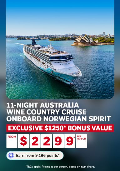 Norwegian Spirit cruise ship sailing Sydney Harbour past the Opera House — 11-night Australia Wine Country Cruise from $2299pp, $1250 bonus value.