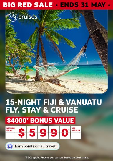 Hammock between palms on a white sand beach with turquoise water for a Big Red Sale 15-night Fiji and Vanuatu fly stay and cruise from $5990 per person
