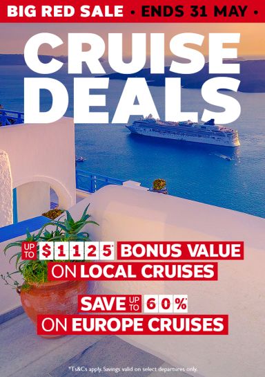 Cruise ship passing white Santorini clifftops at sunset for a Big Red Sale with up to $1125 bonus value on local and up to 60% off Europe cruises