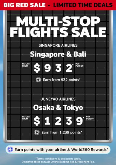 Big Red Sale multi-stop flights with Singapore Airlines to Singapore and Bali from $932 and Juneyao Airlines to Osaka and Tokyo from $1239 return