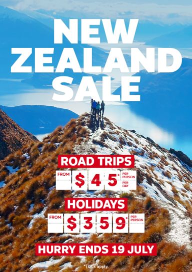 Friends admiring an alpine lake and mountains from a grassy ridge in New Zealand for a sale with road trips from $45 per day and holidays from $359