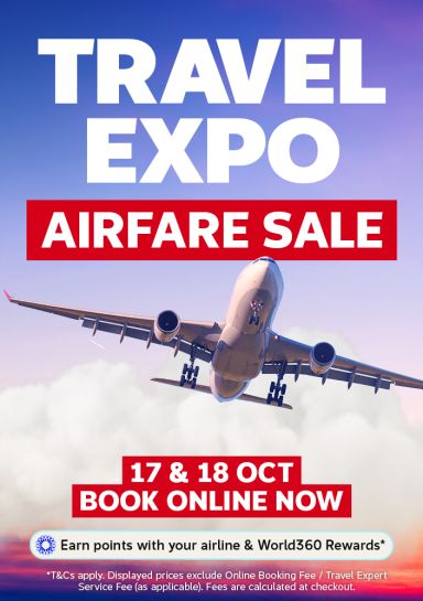 Areoplane in the sky at sunset featuring the Travel Expo airfare sale