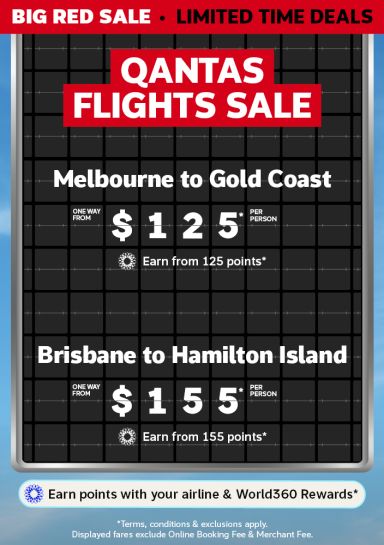 Departure board showing Qantas Big Red Sale fares with Melbourne to Gold Coast from $125 and Brisbane to Hamilton Island from $155 per person