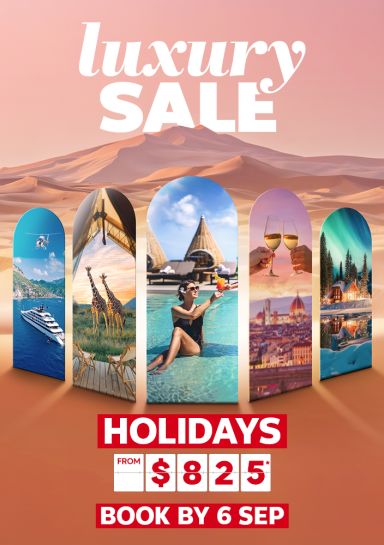 Windows in a desert showcasing luxury holiday destinations featuring deals from $825* book by 6 Sep