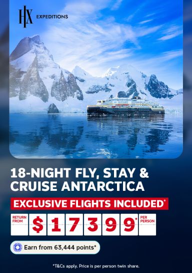 Hurtigruten cruise ship sailing past glaciers featuring 18-night fly, stay & cruise Antarctica return from $17399 per person