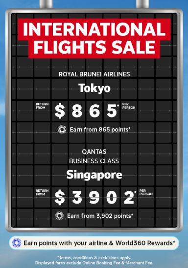 International Flights Sale featuring return fares to Tokyo with Royal Brunei Airlines from $865 and Singapore Business Class with Qantas from $3902