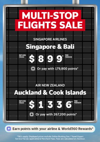 Multi stop flights sale with Singapore and Bali from 899 on Singapore Airlines and Auckland and Cook Islands from 1336 on Air New Zealand