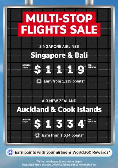Airport departure board featuring a Multi Stop Flights Sale with Singapore and Bali from $1119 and Auckland and Cook Islands from $1334