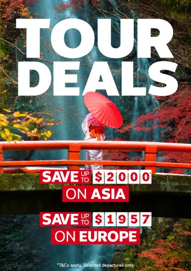 Kimono-clad figure with red parasol on a vermilion bridge amid autumn foliage for tour deals saving up to $2000 on Asia and up to $1957 on Europe